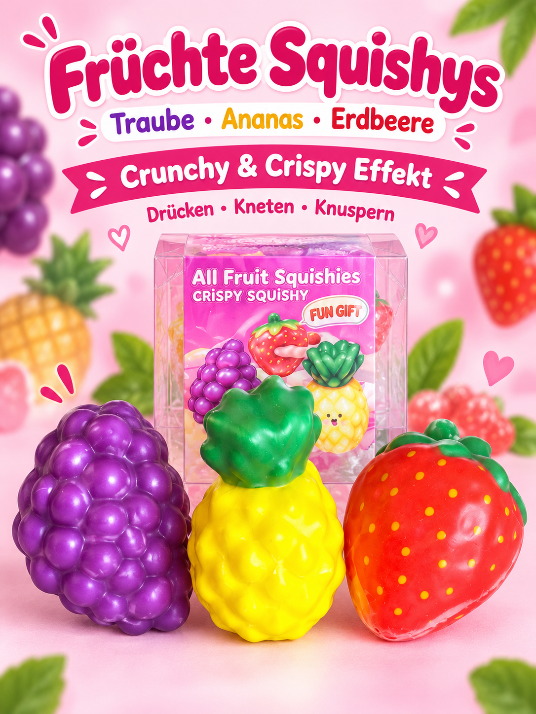 🍇🍍🍓 Crispy & Crunchy Früchte-Squishy – 3er-Set