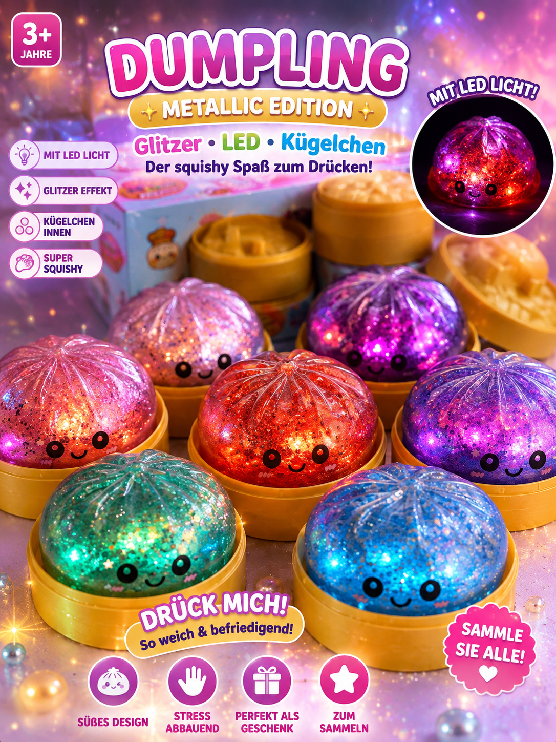 Dumpling Squishy mit Licht LED Glitzer