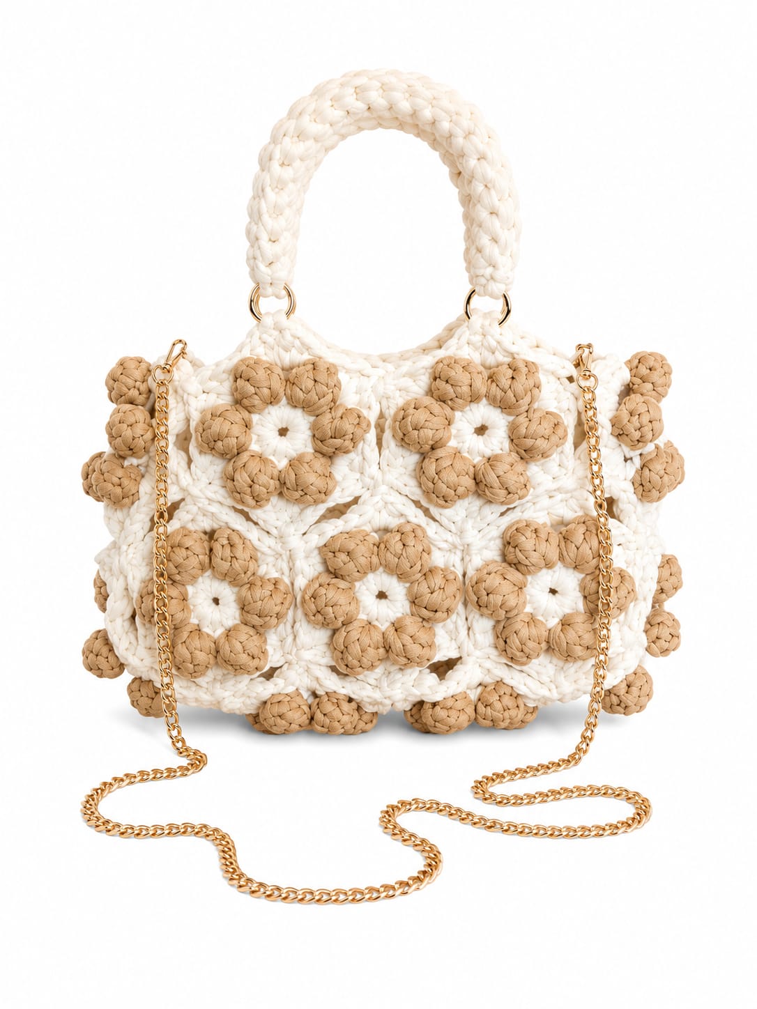 Elegante Häkel-Blumenschultertasche (Handarbeit) (30x20) - Weiss_Beige