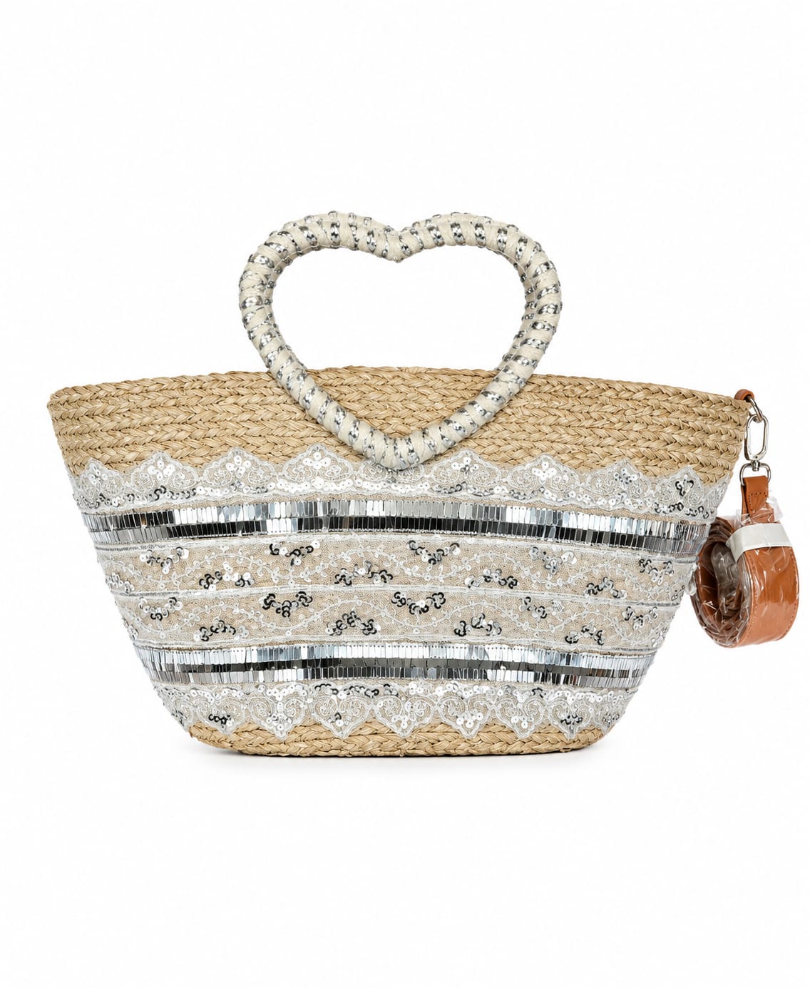 Elegante Korbtasche mit Herz-Henkel von Kassandra & Co (Korbtasche Herz 45x25) - Silber