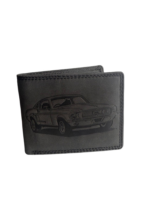 Hochwertige Geldbörse aus Kalbsleder mit Mustang-Motiv (Unisex Geldbörse 12x10x2) - Schwarz_Grau_Mustang