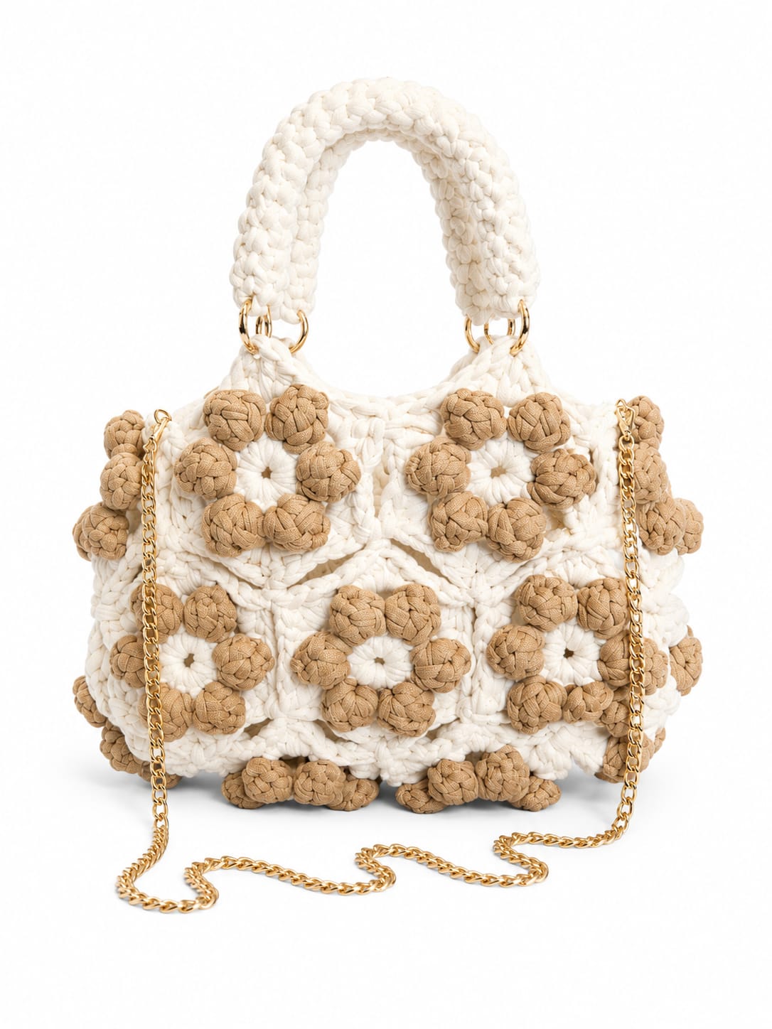 Elegante Häkel-Blumenschultertasche (Handarbeit) (30x20) - Weiss_Beige