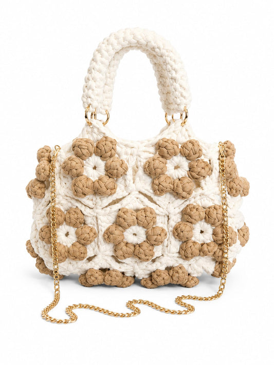 Elegante Häkel-Blumenschultertasche (Handarbeit) (30x20) - Weiss_Beige