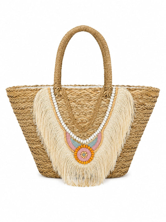 Kassandra & Co - Korbtasche_50x30_Ethno_Beige_Pink - Ethno Beige-Pink