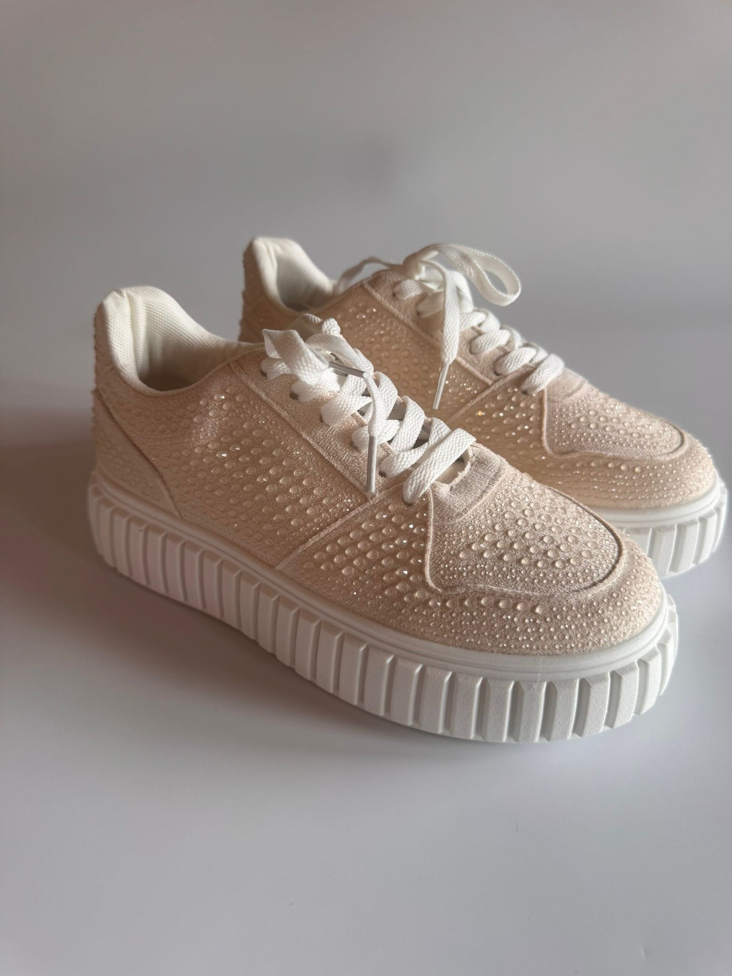 Damen Plateau-Sneaker in Beige mit Strass