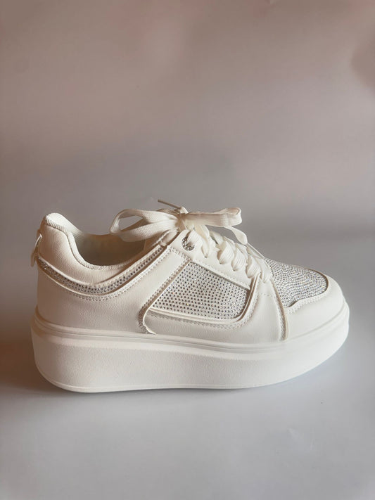 Damen Plateau-Sneaker in Weiß mit Strasssteinen