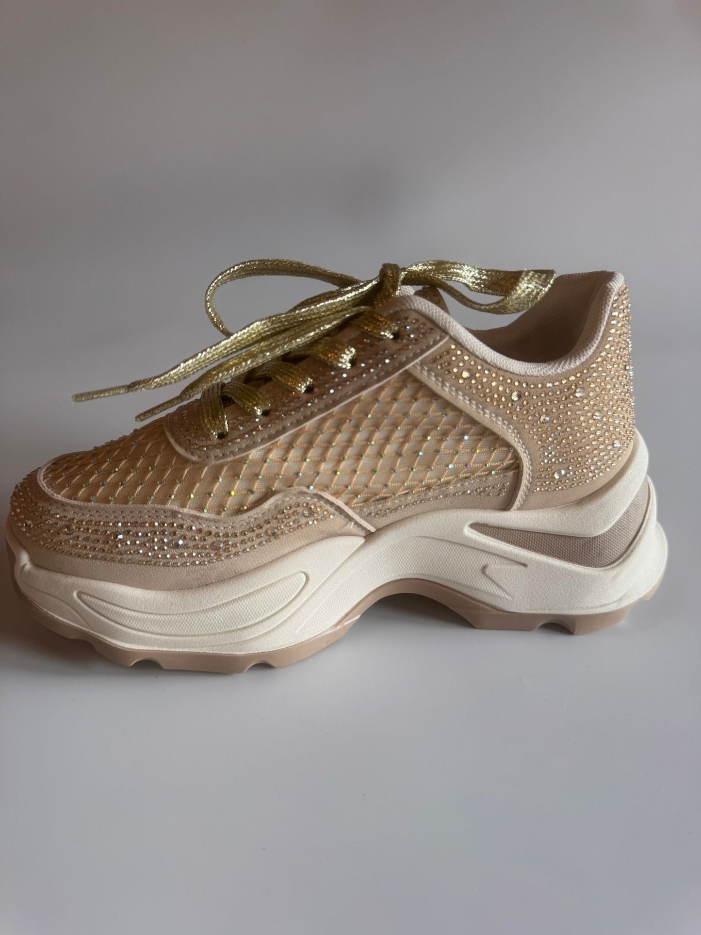 Damen Glitzer-Sneaker in Beige mit Strass