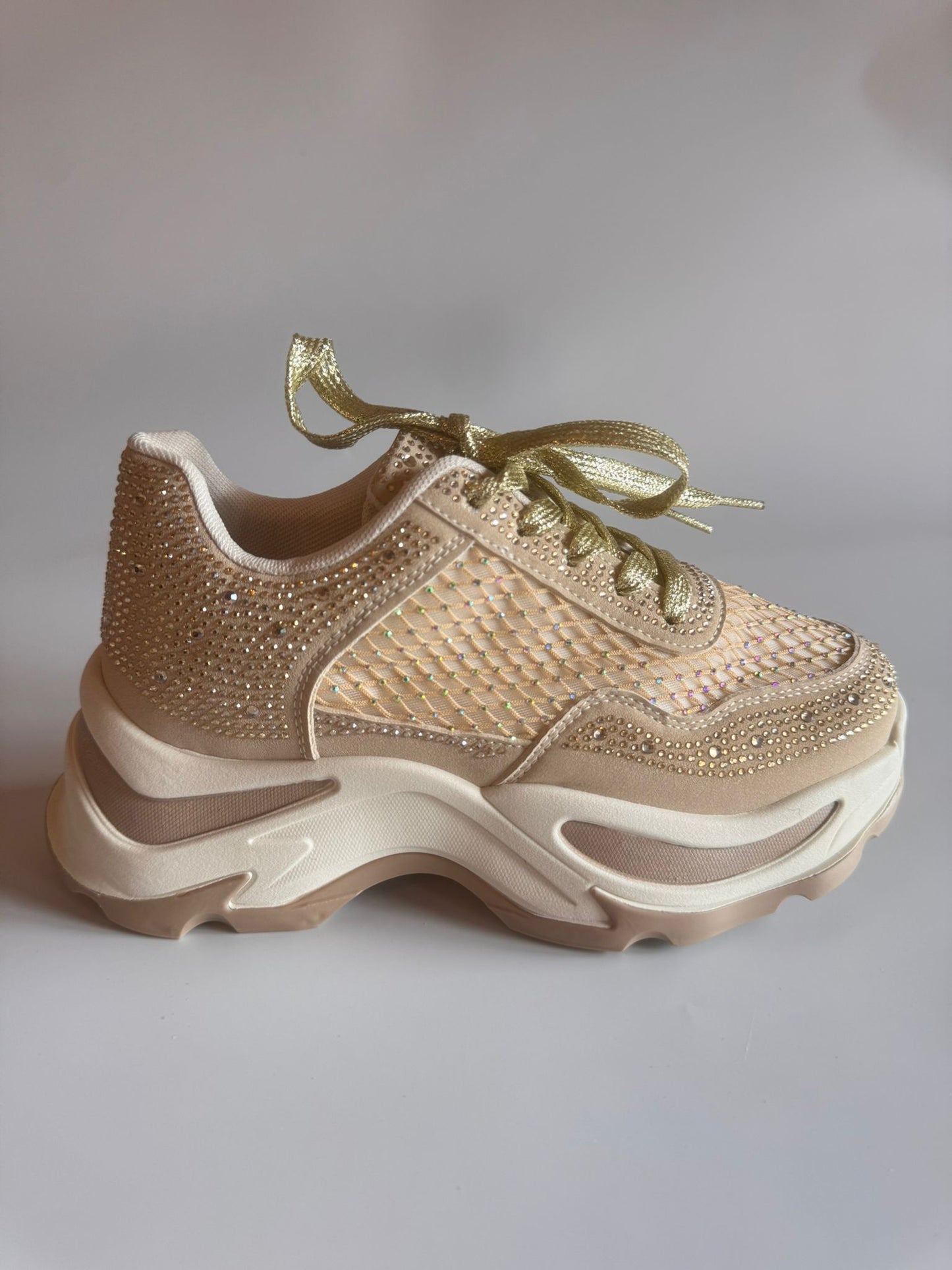 Damen Glitzer-Sneaker in Beige mit Strass