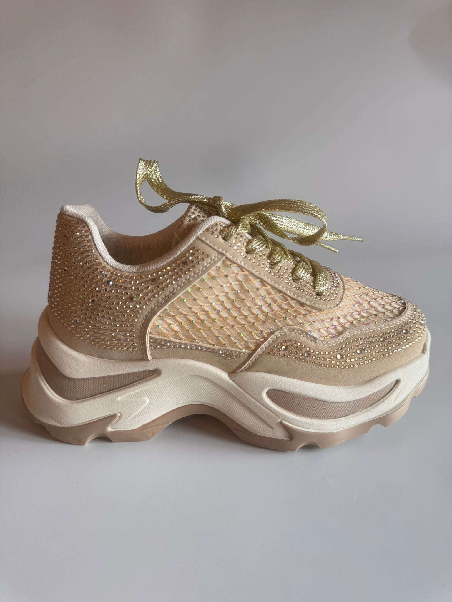 Damen Glitzer-Sneaker in Beige mit Strass